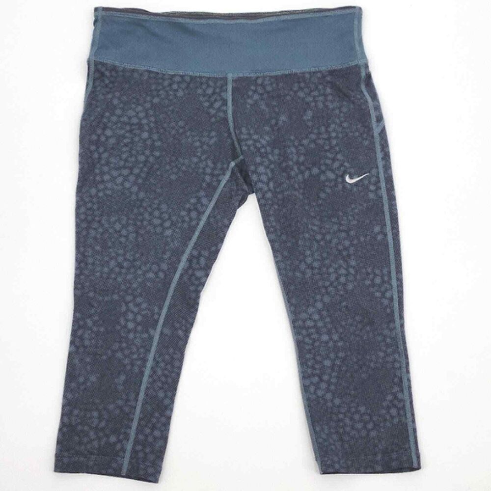 Nike 'Epic Run' Womens Medium Print Crop Athletic Leggings Black Gray Blue
